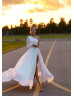 Long Sleeves Beaded White Chiffon Tulle Slit Wedding Dress